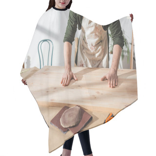 Personality  Cropped View Of Workman In Apron Putting Wooden Board On Table Near Ruler And Sandpaper  Hair Cutting Cape