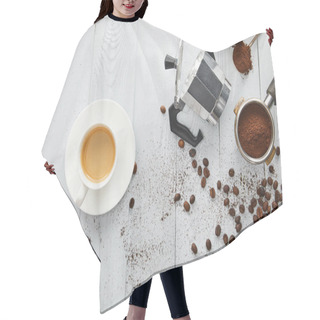 Personality  Top View Of  Cup Of Coffee On Saucer Near Geyser Coffee Maker, Portafilter And Spoon On White Wooden Surface With Coffee Beans Hair Cutting Cape