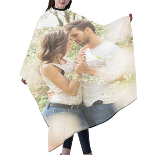 Personality  Couple Touching Each Other In The Garden Hair Cutting Cape