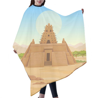 Personality  African Architecture. The Animation Ancient Building From Clay. Background - A Landscape The Desert, Mountains, Sky, A Symbol Of The Sun. Place For The Text. Color Drawing. Vector Illustration. Hair Cutting Cape