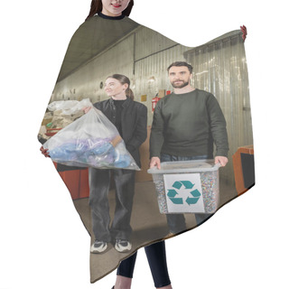 Personality  Positive Volunteers Holding Trash Bin And Bag While Standing Together In Blurred Waste Disposal Station At Background, Garbage Sorting And Recycling Concept Hair Cutting Cape