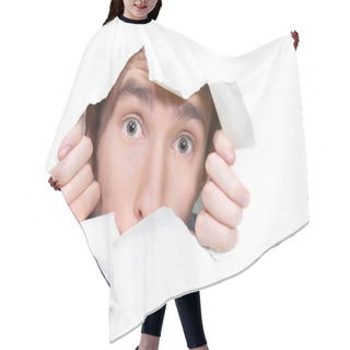 Personality  Young Man Peeping Through Hole On Paper Hair Cutting Cape