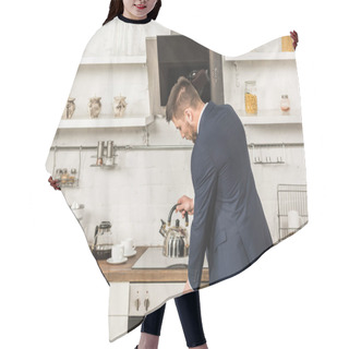 Personality  Handsome Man In Suit Putting Kettle On Stove In Morning At Kitchen Hair Cutting Cape