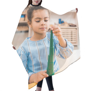 Personality  African American Kid Playing Game During Lesson In Montessori School Hair Cutting Cape
