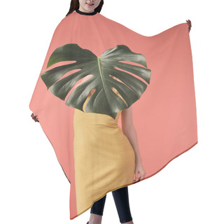 Personality  Woman Covering Face With Monstera Leaf Isolated On Red Hair Cutting Cape
