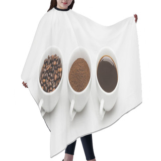 Personality  Cups With Prepared And Ground Coffee Near Beans On White, Banner Hair Cutting Cape