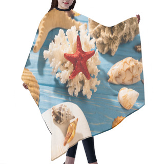 Personality  Red Starfish, Coral And Seashells On Wooden Blue Background Hair Cutting Cape