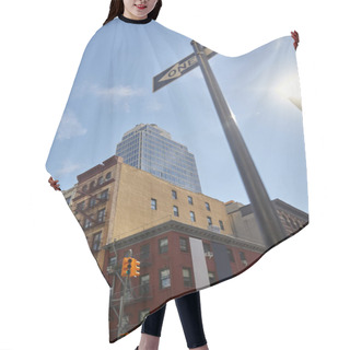 Personality  Low Angle View Of Traffic Sign Showing One Way Direction, Skyscraper And Buildings In New York City Hair Cutting Cape