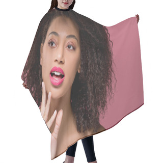 Personality  Portrait Of Beautiful Emotional African American Girl With Curly Hair, Isolated On Pink Hair Cutting Cape