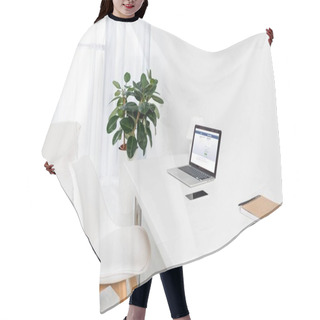 Personality  Home Office With Laptop With Facebook Logo, Smartphone And Notebook On Table Hair Cutting Cape