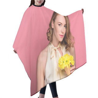 Personality  Girl Holding Ice Cream Cone With Yellow Flowers And Looking At Camera Isolated On Pink Hair Cutting Cape