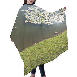 Personality  Green And Fresh Grass Near Pond With Water Lily Leaves  Hair Cutting Cape
