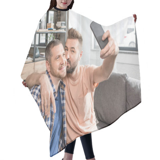Personality  Homosexual Couple Taking Selfie On Smartphone Hair Cutting Cape