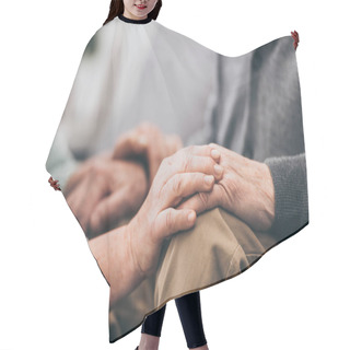 Personality  Cropped View Of Retired Couple Holding Hands  Hair Cutting Cape