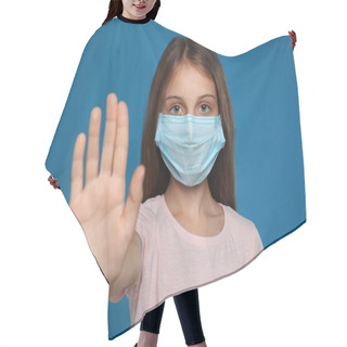 Personality  Little Girl In Protective Mask Showing Stop Gesture On Blue Background. Prevent Spreading Of Coronavirus Hair Cutting Cape