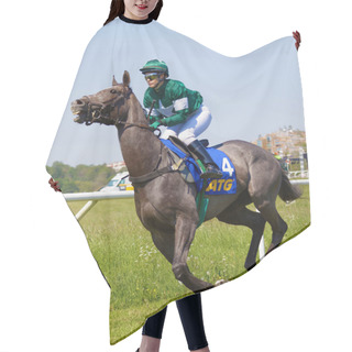 Personality  Closeup Of Female Jockey Wearing Green Clothes Riding A Gallop H Hair Cutting Cape