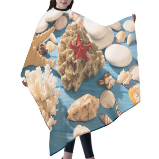 Personality  Red Starfish, Coral And Seashells On Wooden Blue Background Hair Cutting Cape