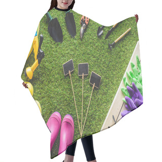 Personality  Top View Of Empty Blackboards Surrounded By Rubber Boots, Gardening Equipment And Protective Gloves On Grass Hair Cutting Cape