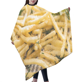 Personality  Close Up Of Crispy French Fries With Dill On Newspaper Hair Cutting Cape