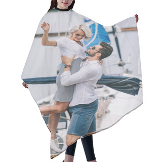 Personality  Beautiful Happy Young Couple Having Fun Together On Yacht Hair Cutting Cape