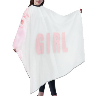 Personality  Top View Of Pink Booties, Girl Lettering, Gift Box And Bonnet On White Background Hair Cutting Cape