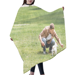 Personality  Selective Focus Of Young Man Playing With Jack Russell Terrier In Park Hair Cutting Cape