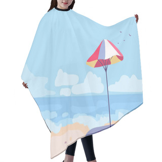 Personality  Colorful Beach Umbrella With Shadow On The Seashore On A Sunny Day. Shore With Beach And Waves. Ocean View Poster. Blue Sky With Clouds Over The Sea. Background For Poster, Banner And Flyer. Vector Hair Cutting Cape