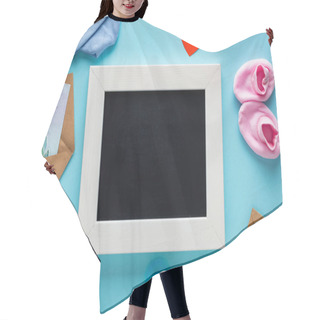 Personality  Top View Of Chalkboard, Baby Clothes And Greeting Cards With Happy Mothers Day Lettering On Blue Surface Hair Cutting Cape
