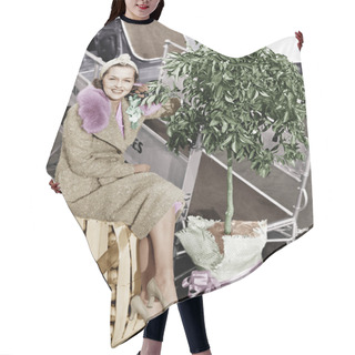 Personality  Woman Sitting On A Crate Of Oranges Next To A Plane And Citrus Tree Hair Cutting Cape