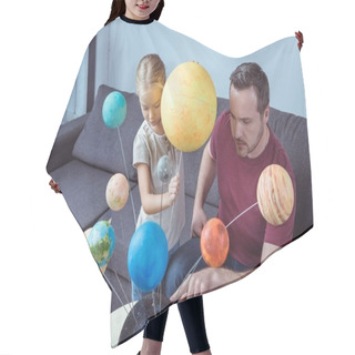 Personality  Father Showing Model Of Solar System  Hair Cutting Cape