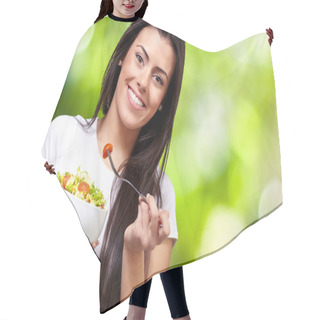 Personality  Portrait Of Healthy Woman Eating Salad Against A Nature Backgrou Hair Cutting Cape