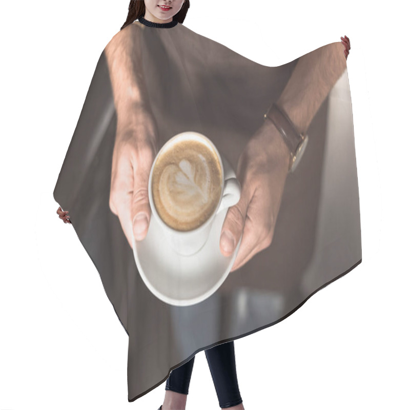 Personality  Cropped Shot Of Barista Holding Cup Of Fresh Made Cappuccino Hair Cutting Cape