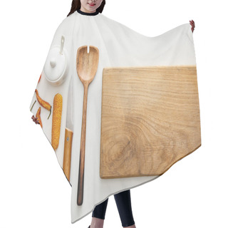 Personality  Top View Of Cutting Board With Kitchenware And Vegetables On Marble Background Hair Cutting Cape