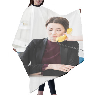 Personality  Grimacing Businesswoman Talking By Yellow Stationary Telephone In Office Hair Cutting Cape