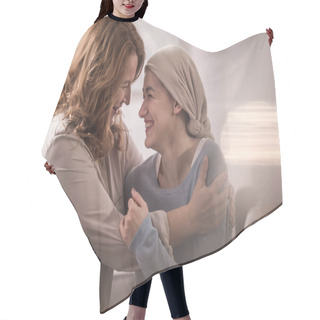 Personality  Happy Mother And Sick Adult Daughter In Kerchief Hugging And Looking At Each Other Hair Cutting Cape