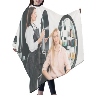 Personality  Smiling Hairdresser Applying Hair Spray  Hair Cutting Cape