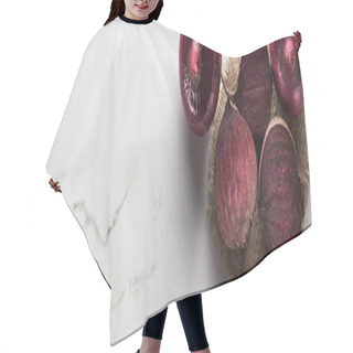 Personality  Panoramic Shot Of Beetroots And Red Onions On Marble Table With Hessian Hair Cutting Cape