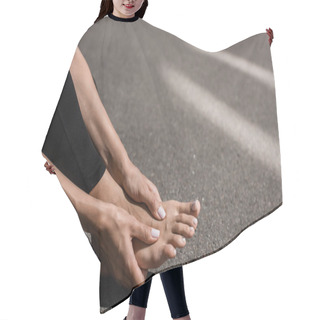 Personality  Partial View Of Barefoot Sportswoman With Foot Pain On Street Hair Cutting Cape