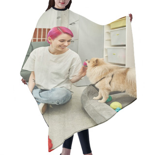 Personality  Cheerful Pet Caregiver Holding Toy And Playing With Furry Pomeranian Spitz In Cozy Dog Hotel Hair Cutting Cape