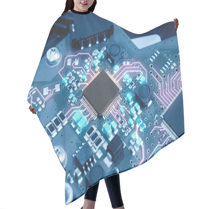 Personality  Close-up Electronic Circuit Board. Technology Style Concept. Hair Cutting Cape