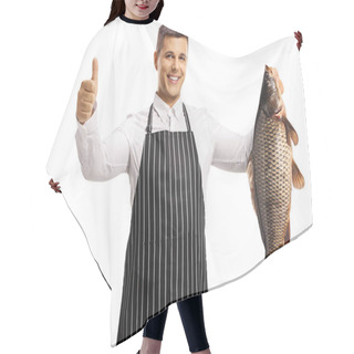 Personality  Man Wearing An Apron, Holding A Big Carp Fish And Gesturing Thumbs Up Isolated On White Background Hair Cutting Cape