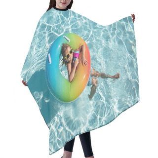 Personality  Summer Vacation. Summertime Kids Weekend. Boy In Swiming Pool. Child At Aquapark. Funny Boy On Inflatable Rubber Circle. Hair Cutting Cape