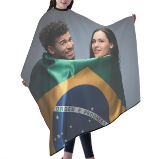 Personality  Multicultural Couple Of Positive Football Fans With Brazil Flag On Grey Hair Cutting Cape