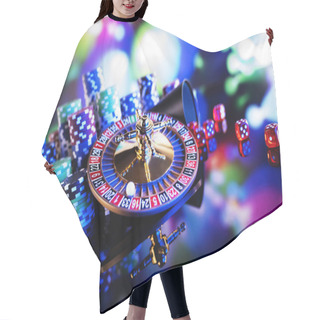 Personality  Gambling Theme.  Roulette Wheel And Poker Chips On Color Bokeh Background. Hair Cutting Cape
