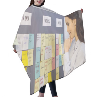 Personality  Pensive Businesswoman Thinking Near Sticky Notes On Board Hair Cutting Cape