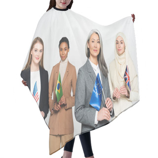Personality  Multicultural Businesswomen With Flags Of Different Countries Isolated On White  Hair Cutting Cape