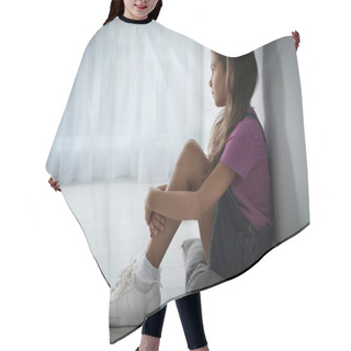 Personality  Sad Little Girl Near White Wall Indoors, Space For Text. Domesti Hair Cutting Cape