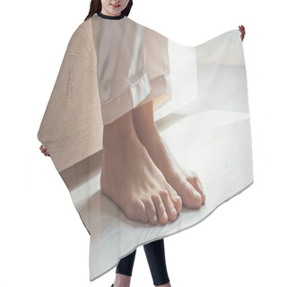 Personality  Cropped View Of Awakened Barefoot Woman Getting Up From Bed Hair Cutting Cape