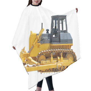 Personality  Side View Of Bulldozer On White Hair Cutting Cape