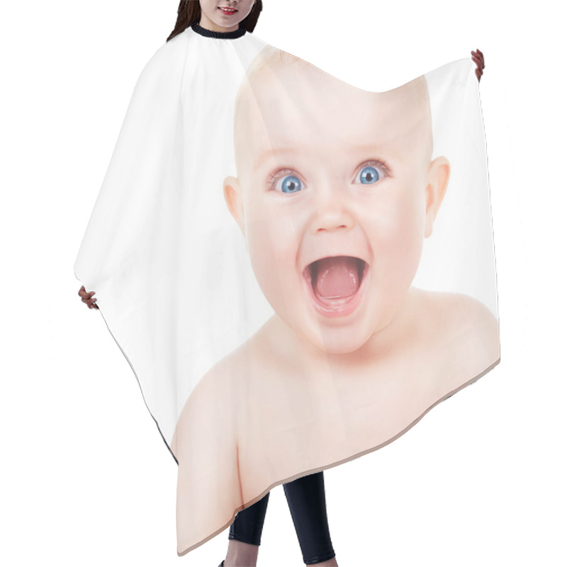 Personality  happy smiling child with blue eyes hair cutting cape